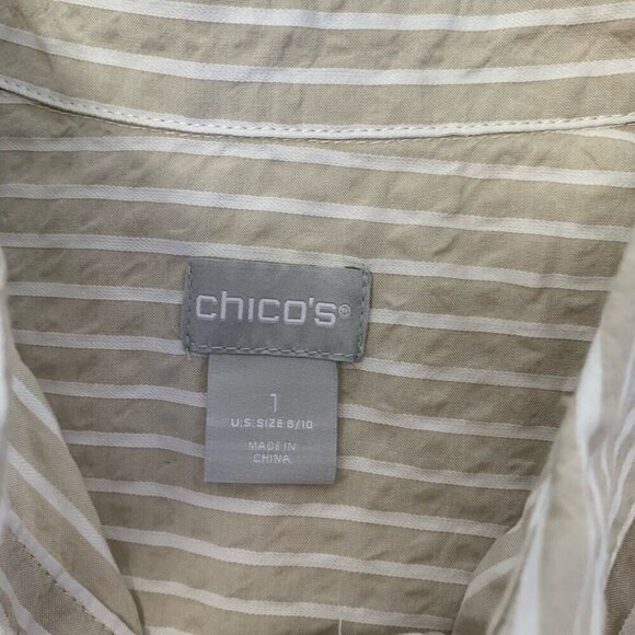 Chico's Tunic 1/2 Button Up Size 1 Medium Beige Striped Roll-Tab Long Sleeve - Picture 7 of 8